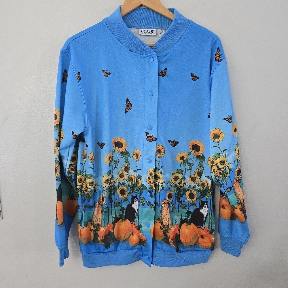 Vintage Blair Pumpkin Fall Sunflower Butterfly Snap Sweatshirt Cardigan Small